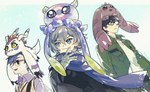 anthro black_hair blue_hair brown_body brown_fur claws clothing coat eyewear female feral fur glasses grey_hair group hair male scarf topwear lanllan bandai_namco digimon digimon_ghost_game digimon_survive jellymon_(ghost_game) joe_kido kiyoshiro_higashimitarai lopmon_(survive) shuuji_kayama digimon_(species) gomamon human humanoid jellymon lopmon mammal