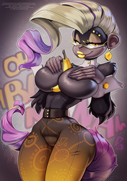 anthro banana between_breasts big_breasts breasts covering covering_breasts covering_self eyewear female food fruit glasses looking_at_viewer plant smile solo don_ko donkey_kong_(series) donkey_kong_bananza nintendo poppy_kong haplorhine kong mammal monkey primate 2025 hi_res
