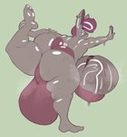 anthro balls belt big_balls big_butt big_penis blush bodily_fluids butt clothing ear_piercing fur genitals grey_body grey_fur hair huge_balls huge_butt huge_penis hyper hyper_balls hyper_genitalia hyper_penis male muscular muscular_male musk musk_clouds penis piercing pink_clothing pink_eyes pink_hair solo stretching sweat thick_thighs vein veiny_penis eldiipiid sebastian_cummins_(thechavicgerman) lagomorph leporid mammal rabbit absurd_res hi_res