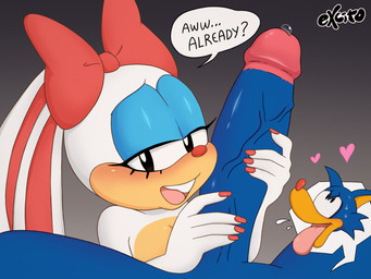 accessory big_penis blush bodily_fluids duo eyelashes female genitals hair_accessory hair_ribbon heart_symbol male male/female penis ribbons speech_bubble sweat text excito sega sonic_the_hedgehog_(series) tails'_skypatrol carrottia_(sonic) hocke-wulf_(sonic) canid canine canis lagomorph leporid mammal rabbit wolf english_text hi_res