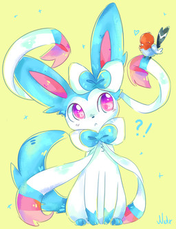 accessory alternate_color ambiguous_gender bow_ribbon bow_tie duo exclamation_point feral hair_accessory hair_bow hair_ribbon heart_symbol interrobang paws pink_eyes question_mark ribbons simple_background sitting yellow_background natx nintendo pokemon avian bird eeveelution fletchling generation_6_pokemon pokemon_(species) shiny_pokemon sylveon hi_res