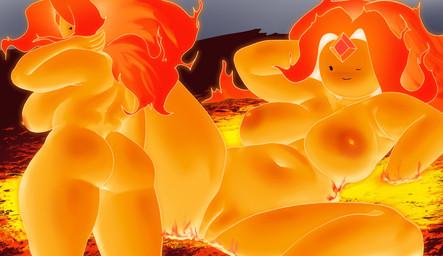 areola big_breasts big_butt biped breasts butt female fire flaming_hair genitals lava looking_at_viewer looking_back nipples not_furry nude one_eye_closed orange_body outside pseudo_hair smile spread_legs spreading thick_thighs vulva wink inker_comics adventure_time cartoon_network fionna_and_cake fionna_and_cake_(franchise) flame_princess elemental_creature elemental_humanoid fire_creature fire_humanoid humanoid 2025 absurd_res hi_res