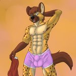 abs anthro armpit_hair body_hair bulge clothed clothing green_eyes looking_at_viewer male muscular muscular_anthro muscular_male nipples pecs pink_clothing pink_underwear solo spots topless underwear conditional_dnp vanzard vanzard_(vanzard) hyena mammal spotted_hyena 1:1 absurd_res hi_res