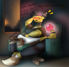 anthro belly big_belly breasts brown_body chair duo female furniture inside navel navel_kiss overweight overweight_anthro overweight_female pokemorph raining simple_background sitting thick_thighs wide_hips yellow_body thatoneaceguy nintendo pokemon ampharos eevee generation_1_pokemon generation_2_pokemon pokemon_(species) 2024