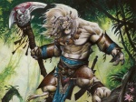 1_eye 4:3 5_fingers abs accessory ajani_goldmane anthro armband armor axe blood blood_on_weapon blue_eyes bodily_fluids bottomwear braided_hair catfolk claws clothed clothing collar day detailed_background feet felid fingers foot_wraps forest front_view hair hair_accessory hair_tie hasbro holding_object holding_weapon jewelry jungle leonin loincloth looking_at_viewer magic:_the_gathering male mammal melee_weapon muscular muscular_male nature necklace official_art outside pantherine planeswalker plant plate_armor scar solo tail tattoo topless tree tribal vambrace wayne_reynolds weapon white_hair wizards_of_the_coast wood wraps