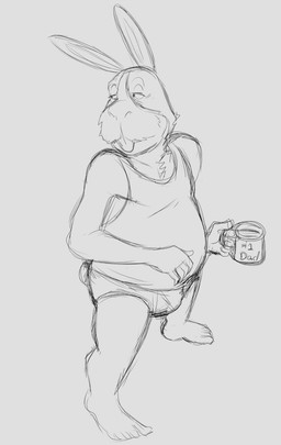 anthro barefoot briefs bulge clothing coffee_cup container cup feet male mature_anthro mature_male overweight overweight_anthro overweight_male shirt simple_background slightly_chubby solo tank_top text topwear underwear white_background thegreatmatsutzu nintendo star_fox peppy_hare hare lagomorph leporid mammal black_and_white english_text monochrome sketch