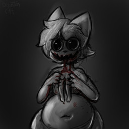 anthro belly big_belly blood blood_drip blood_in_mouth blood_on_hand bodily_fluids death dripping fatal_vore gore grotesque_death hair hand_mark hard_vore larger_pred looking_at_viewer male navel open_mouth simple_background size_difference smile smiling_at_viewer vore disastercat nick_(disastercat) domestic_cat felid feline felis mammal 1:1 hi_res