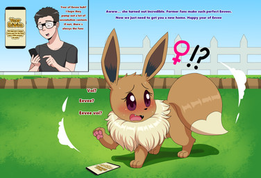 before_and_after black_hair blush brown_body brown_fur cellphone cute_fangs dialogue electronics fangs female female_symbol fence feral fur gender_symbol gender_transformation grass hair holding_object holding_phone human_to_feral instant_transformation male male_human mtf_transformation open_mouth outside phone plant pokemon_speak poof_transformation smartphone solo species_transformation standing surprised symbol tail teeth text transformation flybeeth nintendo pokemon pokemon-specific_day year_of_eevee eevee generation_1_pokemon human mammal pokemon_(species) 2025 absurd_res digital_media_(artwork) english_text hi_res