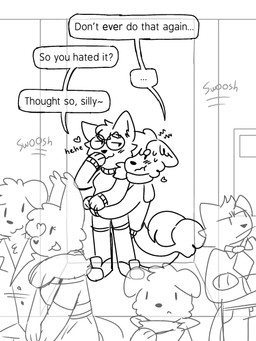 :3c annoyed anthro background_crowd bodily_fluids bottomwear clothed clothed_anthro clothing dialogue dot_eyes duo_focus elevator embarrassed eyebrow_piercing eyewear facial_piercing female fluffy fluffy_tail footwear glasses group heart_symbol hiding_behind_another hug hugging_another hugging_from_behind male male/female nervous onomatopoeia piercing scarf shoes shorts simple_eyes smug_expression sound_effects speech_bubble sweat sweater tail tails_touching text topwear wearing_glasses bloop_uwu background_character senth_(riley_canvessa) splootchy_(riley_canvessa) canid canine canis domestic_cat domestic_dog felid feline felis mammal wolf 3:4 comic end_page english_text hi_res line_art monochrome