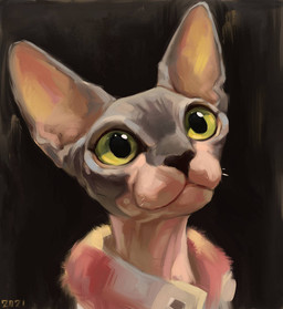 ambiguous_gender big_pupils black_background black_nose clothed clothed_feral clothing feral green_eyes grey_body grey_skin hairless pink_body pink_skin pupils simple_background solo alexpahomov domestic_cat felid feline felis hairless_cat mammal sphynx_(cat) 2021 digital_media_(artwork) digital_painting_(artwork) painting_(artwork)