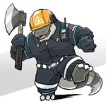 anthro armor axe coveralls covered_eyes electronics feet headgear helmet holding_axe holding_object lumberjack male simple_background smile solo walkie-talkie white_background workwear kajimaru_0507 arknights hypergryph studio_montagne lumberjack_(arknights) alligator alligatorid crocodilian reptile scalie 1:1 hi_res