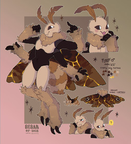 2_toes 4_arms 5_fingers anthro arthropod_abdomen biped black_sclera blush bodily_fluids brown_background brown_body brown_fur feet fingers fur gender_symbol heart_symbol insect_wings kintsugi_(art) lepidopteran_wings male_symbol multi_arm multi_limb open_mouth ruff simple_background symbol tears text toes white_eyes wings cesarumbrage floof_(binaryfloof) arthropod insect lepidopteran moth english_text hi_res model_sheet watermark