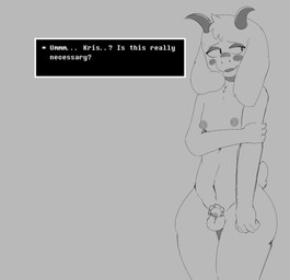 anthro areola balls blush chastity_cage chastity_device embarrassed erect_nipples genitals holding_arm horn humanoid_hands male nipples nub_chastity_cage nude_anthro nude_male puffy_nipples shy solid_chastity_cage solo speech_bubble standing tail talking_to_another text text_box wearing_chastity_cage wearing_chastity_device spicysaucyrat deltarune undertale_(series) ralsei bovid caprine goat mammal 2026 digital_drawing_(artwork) digital_media_(artwork) english_description english_text hi_res