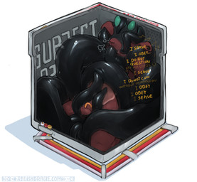 anthro bdsm blindfold bondage bound brat_taming chastity_cage chastity_device container_bondage countershading ear_piercing floppy_ears horn male oral oral_penetration orgasm_denial over_sheath_chastity_cage penetration piercing red_body sheath_chastity_cage solo submissive submissive_male tentacle_in_mouth tentacle_penetration tentacles text redishdragie multum demon english_text hi_res