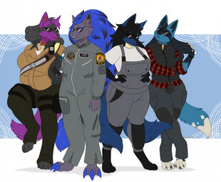 anthro biped bottomwear breasts claws clothed clothed_anthro clothed_female clothed_male clothing feet female fingers front_view fully_clothed fully_clothed_anthro fully_clothed_female fully_clothed_male fur group hair male simple_background slightly_chubby smile standing tail teeth toes tongue topwear chaiteakitten nintendo pokemon aozora_(zoroark) hugpup_(lucario) rumply_(lucario) willa_(lucario) generation_4_pokemon generation_5_pokemon lucario pokemon_(species) zoroark 2026 digital_drawing_(artwork) digital_media_(artwork) hi_res