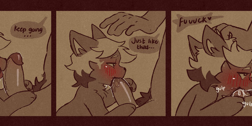 blush bodily_fluids cum cum_in_mouth cum_inside duo fellatio female female_feral female_penetrated feral genital_fluids genitals humanoid_genitalia humanoid_penis interspecies licking male male/female oral penetration penile penis penis_lick pushing_head sex size_difference smaller_penetrated tongue conditional_dnp viotailed canid human mammal hi_res