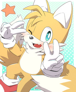 2_tails anthro blue_eyes blush chest_tuft clothing countershading dotted_background footwear fur gesture gloves hand_gesture handwear kemono looking_at_viewer male multi_tail one_eye_closed open_mouth pattern_background red_clothing red_footwear red_shoes red_sneakers shoes simple_background sneakers solo tail tuft v_sign white_clothing white_gloves white_handwear wink winking_at_viewer yellow_body yellow_fur young young_anthro young_male kemoizumi sega sonic_the_hedgehog_(series) miles_prower canid canine fox mammal 2024 hi_res japanese_description