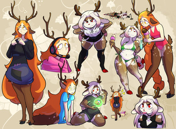 annoyed anthro antlers bent_over bikini bottomwear braided_hair braided_ponytail breasts brown_body brown_fur christmas_decorations christmas_lights cleavage clothed clothing dessert duo ears_down ears_up electronics female food freckled_face freckled_shoulders freckles fur glowing hair hands_on_hips headgear headphones headset holidays hooves horn ice_cream leggings legwear light_body light_skin long_hair looking_at_viewer lying magic mouth_closed multicolored_body multicolored_hair nervous on_front on_ground one-piece_swimsuit open_mouth orange_eyes orange_hair pivoted_ears ponytail red_eyes scut_tail shirt short_tail shorts side_boob simple_background sitting skull_accessory smile smiling_at_another standing star_eyes sweater swimwear tail tongue tongue_out topwear torn_clothing torn_legwear two-piece_swimsuit two_tone_hair under_boob white_hair nipelets christmas freya_agalith reina_redhoof animal_humanoid cervine deer deer_humanoid faun humanoid mammal mammal_humanoid new_world_deer reindeer satyr absurd_res hi_res