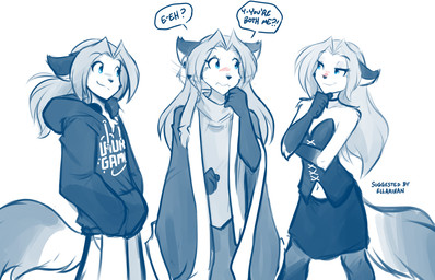 anthro bare_shoulders biped blush bottomwear breasts cleavage clothed clothed_anthro clothed_female clothing confusion corset dialogue female front_view fully_clothed fully_clothed_anthro fully_clothed_female fur group hair hoodie lingerie navel shirt simple_background skimpy skirt small_breasts smile square_crossover standing tail text topwear trio white_background conditional_dnp tom_fischbach twokinds laura_(twokinds) canid canine fox keidran mammal 2026 digital_drawing_(artwork) digital_media_(artwork) english_text hi_res monochrome sketch spot_color