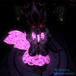 anthro breasts breath clothing female footwear fur genitals glowing glowing_body glowing_eyes glowing_genitalia glowing_markings glowing_vulva high-angle_view high_heels legwear looking_at_viewer markings medium_breasts nipples nude nude_anthro nude_female orange_body orange_fur pink_body red_eyes shoes solo space standing tail thick_thighs thigh_highs tongue tongue_out vulva samtrix seriuswolf_(modeler) digital_extremes tencent warframe ember_(warframe) ember_heirloom_(warframe) canid canine canis mammal wolf 1:1 hi_res