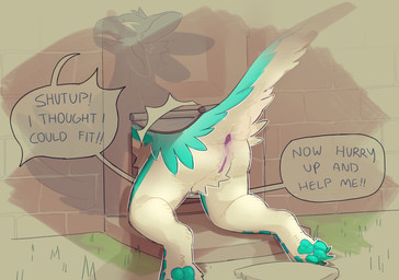 4_ears anthro anus blush body_blush butt claws embarrassed feathered_wings feathers female genitals helpless multi_ear outside paws presenting presenting_anus presenting_hindquarters presenting_vulva pubes scuted_legs scutes silhouette solo speech_bubble stuck tail talking_to_viewer through_wall underskirt vulva wings balamasca keotheavali avali avian absurd_res hi_res