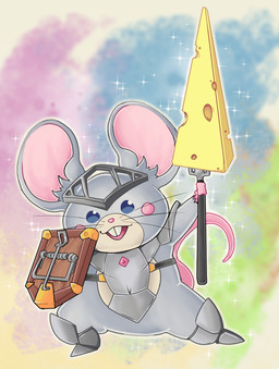 anthro armor biped blue_eyes cheese dairy_products food grey_body humanoid_hands mouse_trap pink_nose shield solo trap_(contrivance) weapon unknown_artist yu-gi-oh! duel_monster mammal mouse murid murine rodent squeaknight 2022 hi_res