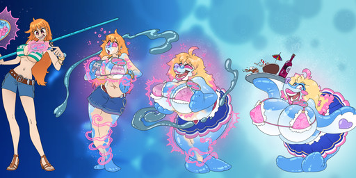 anthro belt beverage big_breasts blonde_hair blue_body blue_bottomwear blue_clothing blue_skirt bottomwear breast_expansion breasts clothing expansion female footwear four_frame_sequence hair high_heels holding_object holding_staff human_to_anthro mind_control navel ringed_eyes shoes short_stackification shorts shortstack shrinking size_transformation skirt smile solo species_transformation staff transformation transformation_sequence atcpony one_piece nami_(one_piece) aquatic human mammal pinniped seal 2025 digital_media_(artwork) hi_res sequence story story_in_description