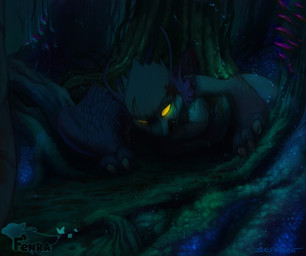 ambiguous_gender anthro biped blood bodily_fluids crawling dark detailed_background empty_eyes forest glowing glowing_eyes lying moss nature on_front outside plant solo tree wounded yellow_eyes conditional_dnp sefeiren yorik fenra illusory_fenra 2013 dark_theme restricted_palette