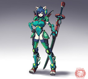 accessory anthro armor blue_eyes blue_hair breasts cybernetic_arm cybernetic_leg cybernetic_limb cybernetics cyberpunk ears_up female fur grey_background hair hair_accessory katana lips lipstick machine makeup melee_weapon pink_nose shoulder_pads simple_background solo sword technology waist_accessory weapon white_body white_fur ottobum domestic_cat felid feline felis mammal absurd_res hi_res