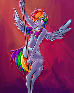 5_fingers abstract_background anthro anthrofied blue_body blue_fur bra breasts cleavage clothed clothing dancing eyebrows feathered_wings feathers female fingers fur hair long_hair looking_aside multicolored_hair multicolored_tail navel panties pole pole_dancing rainbow_hair rainbow_tail red_eyes skimpy small_breasts smile solo tail underwear wings dojerodesigns glacierclear friendship_is_magic hasbro my_little_pony mythology rainbow_dash_(mlp) equid equine mammal mythological_creature mythological_equine pegasus 2015 absurd_res artist_collaboration digital_media_(artwork) hi_res shaded soft_shading