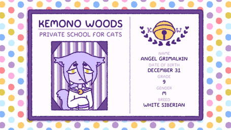 anthro asian_clothing bell clothing east_asian_clothing fur id_card japanese_clothing japanese_school_uniform long_sleeves looking_at_viewer male purple_body purple_fur school_uniform serafuku solo standing tail text uniform 90percentdenny 90_percent_studios purrfect_apawcalypse angel_grimalkin domestic_cat felid feline felis mammal english_text