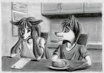 alex_(syntech) anthro brother_(lore) brother_and_sister_(lore) cake calendar canid canine dessert duo exam female food fox fur hi_res inside kitchen maja_(syntech) male male/female mammal monochrome red_fox rhazzazor sibling_(lore) sister_(lore) syntech teenager white_body white_fur worried young