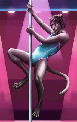 4_toes 5_fingers anthro black_hair blue_clothing bulge claws clothed clothing dancing feet finger_claws fingers green_eyes hair inside leotard male open_mouth pole pole_dancing solo strip_club stripper_pole toe_claws toes mitokep felid mammal pantherine 2017 hi_res