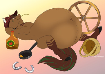 alcohol anthro beverage black_hooves bloated bottle bucket cider clothing container cookware deep_navel eyebrows frying_pan green_eyes hat hat_only headgear headgear_only headwear headwear_only hooves horseshoe kitchen_utensils leg_markings looking_at_viewer lying male markings mostly_nude navel on_back socks_(marking) solo tail tools vore wheel fondoffrogs equid equine horse mammal hi_res