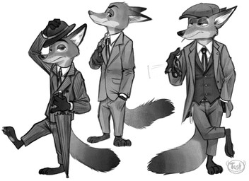 3_toes 4_fingers anthro barefoot biting_on_toothpick claws clothed clothed_anthro clothed_male clothing feet fingers fur hand_in_pocket hat headgear headwear hindpaw holding_object holding_umbrella humanoid_hands inner_ear_fluff looking_at_viewer male newsboy_cap paws pockets simple_background smile solo standing suit tail tipping_hat toe_claws toes toothpick tuft umbrella tush_(artist) disney zootopia nick_wilde canid canine fox mammal red_fox true_fox 11:8 absurd_res hi_res monochrome