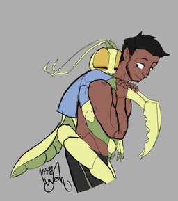 3_fingers 4_arms antennae_(anatomy) anthro arms_around_waist arthropod_abdomen athletic athletic_human athletic_male beard black_hair bottomless bottomless_anthro bottomless_male brown_body clothed clothing duo exoskeleton facial_hair fingers green_body green_exoskeleton hair holding_arm larger_human larger_male legs_around_waist male male_anthro male_human multi_arm multi_limb raptorial_(anatomy) riding_on_back size_difference sleeping slim_anthro slim_male smaller_anthro smaller_male topless topless_human topless_male yellow_body yellow_exoskeleton wayesh azaan_(wayesh) daniel_(wayesh) arthropod human insect mammal mantis hi_res signature andromorph_(lore)