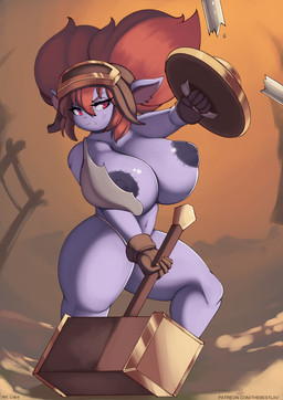 big_breasts breasts clothing curvy_figure female fight hammer maul nipples not_furry one_breast_out pigtails shield shortstack solo thick_thighs tools torn_clothing voluptuous wardrobe_malfunction l-a-v league_of_legends riot_games tencent blacksmith_poppy_(lol) poppy_(lol) humanoid yordle hi_res