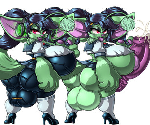 ahegao animal_genitalia animal_penis anthro balls big_balls big_breasts big_butt big_penis black_bodysuit black_clothing black_footwear black_hair black_high_heels black_latex black_skinsuit blush bodily_fluids bodysuit bottomwear breasts butt canine_genitalia canine_penis clothed clothed_anthro clothed_gynomorph clothing cum ear_vulva electronics fluffy fluffy_tail footwear fur genital_fluids genitals green_balls green_body green_breasts green_fur gynomorph hair headphones high_heels huge_balls huge_breasts huge_penis intersex latex latex_bodysuit latex_clothing latex_skinsuit legwear lips looking_at_viewer looking_back looking_back_at_viewer looking_pleasured penis pigtails red_eyes school_uniform shoes shortstack shortstack_gynomorph shortstack_intersex simple_background skinsuit skirt solo standing tail thick_bottom_lip thigh_highs tight_clothing tongue tongue_out uniform unusual_anatomy unusual_genitalia_placement unusual_vulva_placement vulva white_background white_clothing white_legwear white_thigh_highs wide_hips adjatha trials_in_tainted_space sci'koh_(tits) canid canine fox mammal vulpatra 2026 6:5 hi_res story story_in_description