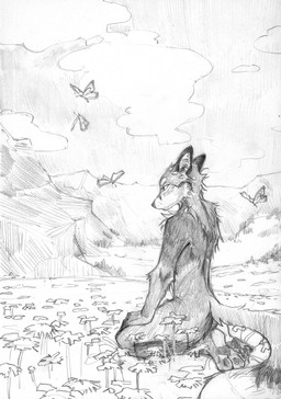 anthro cloud detailed_background field fluffy fluffy_tail fur kneeling male mountain outside pawpads plant sky solo tail tree whisker_spots akatan_art arthropod butterfly canid canine fox insect lepidopteran mammal 2026 graphite_(artwork) greyscale hi_res monochrome traditional_media_(artwork)