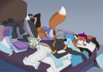 anthro bed clean_diaper clothed clothing diaper ear_piercing ear_stud folded_diaper furniture hair male open_diaper pattern_diaper piercing purple_hair simple_background smile wearing_diaper trashpandalucas rearz light_df zion_fox canid canine cross_fox fox mammal red_fox true_fox absurd_res hi_res