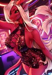 2_tails anthro bar big_breasts black_sclera blonde_hair breasts cleavage clothed clothing collarbone dress ear_piercing ear_ring eyebrows eyelashes female hair horn legs_together long_hair looking_at_viewer multi_tail no_underwear orange_eyes piercing red_body red_clothing red_dress ring_piercing short_dress side_boob skimpy smile solo standing tail tail_tuft tuft yasmil mythology chilli_(aomori) dragon mythological_creature mythological_scalie scalie succubus 2024 hi_res