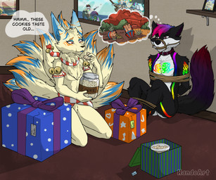 anthro bdsm black_body black_fur black_nose blue_body blue_ears blue_fur bondage bound cheek_tuft duo facial_tuft fur male markings multi_tail orange_body orange_fur tail text tuft yellow_body yellow_fur handoart vulfe_(hackencraft) canid canine fox fox_spirit mammal 6:5 absurd_res english_text hi_res