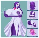 ability_(pokemon) alternate_color big_breasts bodily_fluids border breast_expansion breasts cleavage clothed clothing erect_nipples expansion female gameplay_mechanics hair huge_breasts lactating milk nipples not_furry open_clothing open_shirt open_topwear purple_eyes purple_hair shirt solo thick_fat_(ability) topwear trace_(ability) white_border jcdr nintendo pokemon fan_character violet_(pyrowildcat) gardevoir generation_3_pokemon goo_creature pokemon_(species) hi_res