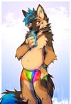 4_fingers anthro balls_outline belly biped blue_eyes blue_tongue bottomwear bracelet bulge cheek_tuft chest_tuft claws clothed clothing detailed_bulge ear_piercing ear_ring eyebrows eyelashes facial_tuft fangs featureless_chest fingers fur genital_outline hair hand_on_hip holding_object inner_ear_fluff jewelry looking_at_viewer male male_anthro markings multicolored_body multicolored_clothing multicolored_fur multicolored_underwear navel overweight overweight_male penis_outline piercing plantigrade rainbow_clothing rainbow_underwear ring_piercing simple_background smile solo tail teeth tongue tongue_out tuft underwear underwear_only kitakettu_(artist) xavu_(kitakettu) canid canine canis domestic_dog german_shepherd herding_dog mammal pastoral_dog 2023 colored digital_media_(artwork) hi_res shaded