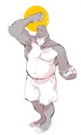 anthro arm_tuft armpit_hair barazoku barefoot belly biceps body_hair bottomwear clothed clothing drawstring elbow_tuft feet flexing flexing_bicep looking_at_viewer male manly musclegut muscular navel nipples pecs shorts shorts_only simple_background solo standing topless tuft white_background brukajones ape gorilla haplorhine mammal primate 2024 hi_res