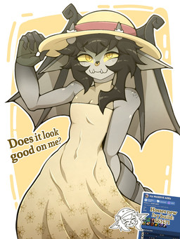 anthro black_hair clothed clothed_female clothing dialogue dress facial_piercing fangs female flat_chested freckled_shoulders freckles fully_clothed fully_clothed_female furgonomic_hat furgonomic_headwear furgonomics grey_body hair hat headgear headwear horn looking_at_viewer membrane_(anatomy) membranous_wings nose_piercing nose_ring piercing pupils question ring_piercing slit_pupils solo sun_hat sundress teeth text wings yellow_eyes hosses21 deadlock_(game) valve ivy_(deadlock) gargoyle 3:4 english_text hi_res