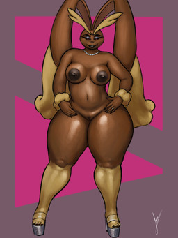 3_toes 5_fingers anthro areola arm_tuft barbell_piercing bedroom_eyes big_breasts big_ears biped black_eyebrows black_lipstick black_sclera breasts brown_areola brown_body brown_fur brown_nipples chain_necklace claws clothing curvy_figure digit_ring eyebrows eyelashes eyeshadow feet female female_anthro finger_claws fingers floppy_ears footwear fur genitals glistening glistening_breasts glistening_legs glistening_thighs grey_clothing grey_eyeshadow grey_footwear grey_high_heels half-closed_eyes hand_on_hip high_heels innie_vulva jewelry lipstick looking_at_viewer lop_ears makeup markings mole_(marking) mostly_nude mostly_nude_anthro mostly_nude_female multicolored_body multicolored_fur narrowed_eyes navel necklace nipple_barbell nipple_piercing nipples piercing pink_eyes pokemorph seductive shoes smile smiling_at_viewer solo tan_body tan_fur teeth thick_thighs toes tuft two_tone_body two_tone_fur vulva wide_hips wrist_tuft rokkofennec nintendo pokemon generation_4_pokemon lagomorph lopunny mammal pokemon_(species) 2026 3:4 absurd_res digital_media_(artwork) hi_res signature