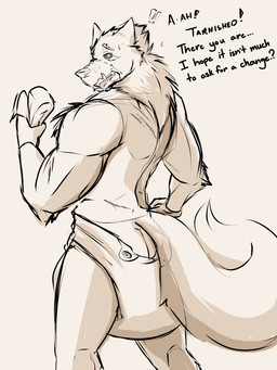 anthro black_sclera bodily_fluids butt clean_diaper clothed clothing diaper folded_diaper holding_diaper male muscular muscular_male solo surprised sweat sweatdrop text touching_diaper wearing_diaper tenshokaiser elden_ring fromsoftware blaidd_(elden_ring) canid canine canis mammal wolf 3:4 hi_res