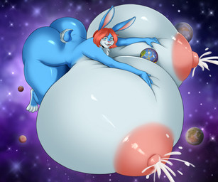 anthro big_breasts big_butt blue_body blue_eyes blue_fur bodily_fluids breasts butt destruction female fur hair huge_breasts huge_butt huge_thighs hyper hyper_breasts lactating macro medium_hair milk nipples planet planet_destruction red_hair short_tail solo space tail terra_macro thick_thighs sushka345 lagomorph leporid mammal rabbit hi_res