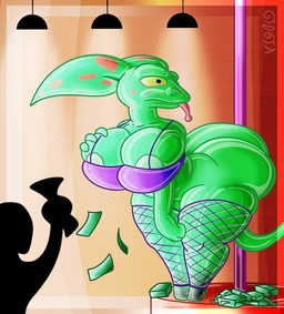 anthro banknote big_breasts big_butt bra breasts butt clothing female fishnet_clothing fishnet_stockings green_body green_sclera hand_on_own_breast huge_breasts lights money nipples pole strip_club stripper stripper_pole tongue tongue_out underwear gtogta lizzarh_(gtogta) alien